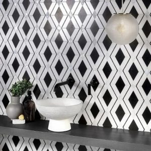 White Thassos | 1 sq. ft. Diana Nero Black & White Polished Marble and Pearl Mosaic Tile Black Stone Black