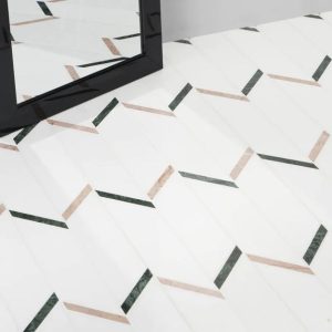 White Thassos | 1 sq. ft. Fitz White Thassos Vera Polished Marble Mosaic Tile- Green and Pink Stripes Thassos Vera Stone Thassos Vera