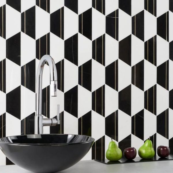 White Thassos | 1 sq. ft. Fuse Nero 6″ Polished Marble and Brass Inlay Mosaic Black & White Stone Black & White