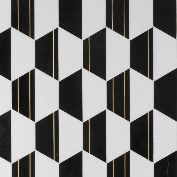 White Thassos | 1 sq. ft. Fuse Nero 6″ Polished Marble and Brass Inlay Mosaic Black & White Stone Black & White