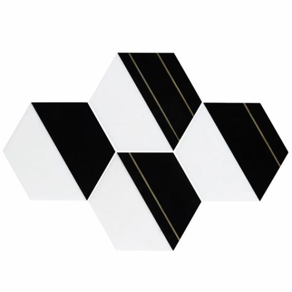 White Thassos | 1 sq. ft. Fuse Nero 6″ Polished Marble and Brass Inlay Mosaic Black & White Stone Black & White