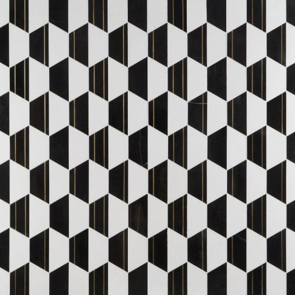 White Thassos | 1 sq. ft. Fuse Nero 6″ Polished Marble and Brass Inlay Mosaic Black & White Stone Black & White