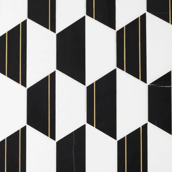 White Thassos | 1 sq. ft. Fuse Nero 6″ Polished Marble and Brass Inlay Mosaic Black & White Stone Black & White