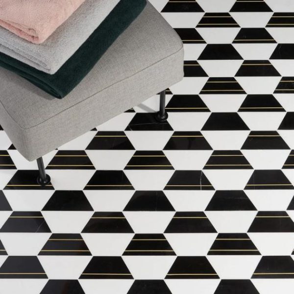 White Thassos | 1 sq. ft. Fuse Nero 6″ Polished Marble and Brass Inlay Mosaic Black & White Stone Black & White