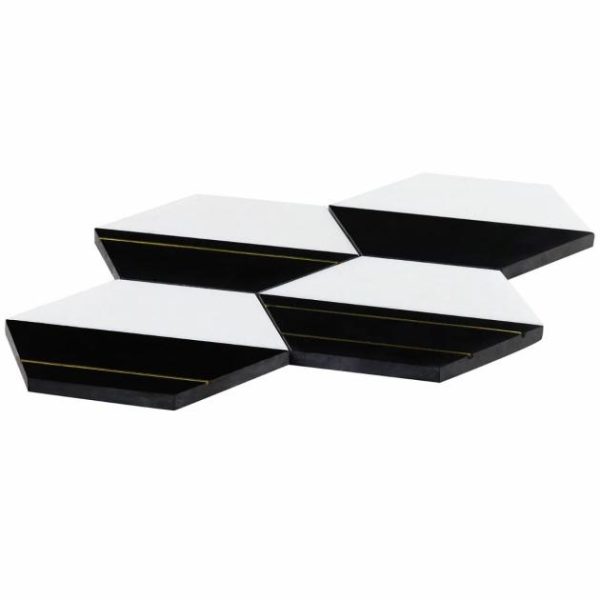 White Thassos | 1 sq. ft. Fuse Nero 6″ Polished Marble and Brass Inlay Mosaic Black & White Stone Black & White