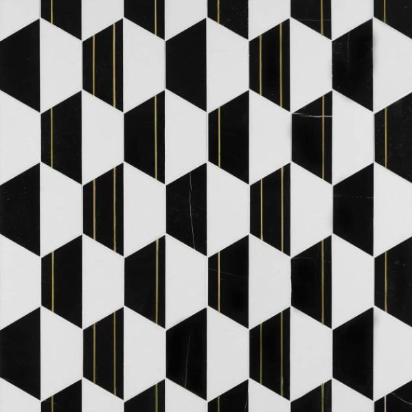 White Thassos | 1 sq. ft. Fuse Nero 6″ Polished Marble and Brass Inlay Mosaic Black & White Stone Black & White