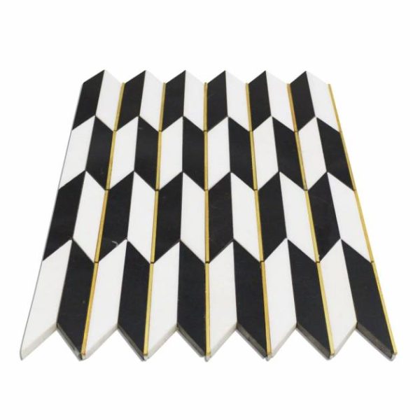 White Thassos | 1 sq. ft. Gatsby Gold Nero & Thassos With Brass Line 1×4 Polished Marble Mosaic Tile Gold Stone Gold