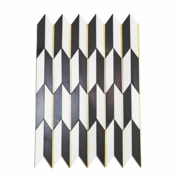 White Thassos | 1 sq. ft. Gatsby Gold Nero & Thassos With Brass Line 1×4 Polished Marble Mosaic Tile Gold Stone Gold