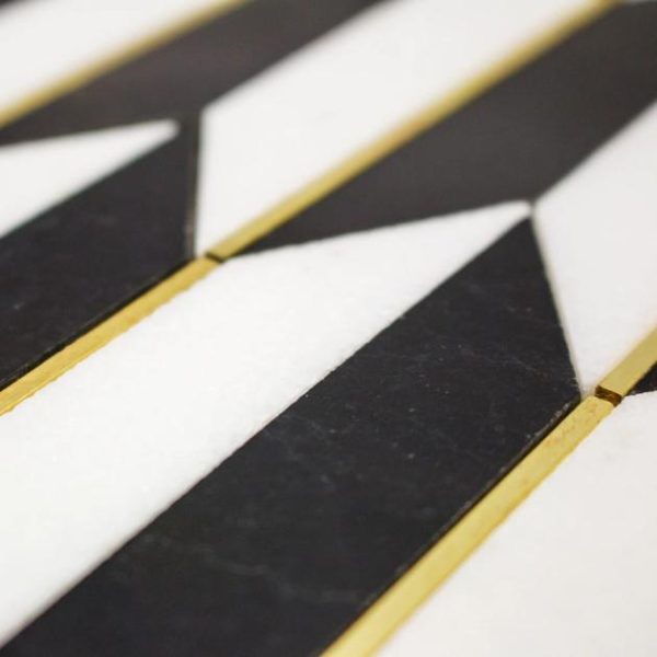 White Thassos | 1 sq. ft. Gatsby Gold Nero & Thassos With Brass Line 1×4 Polished Marble Mosaic Tile Gold Stone Gold