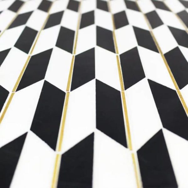 White Thassos | 1 sq. ft. Gatsby Gold Nero & Thassos With Brass Line 1×4 Polished Marble Mosaic Tile Gold Stone Gold