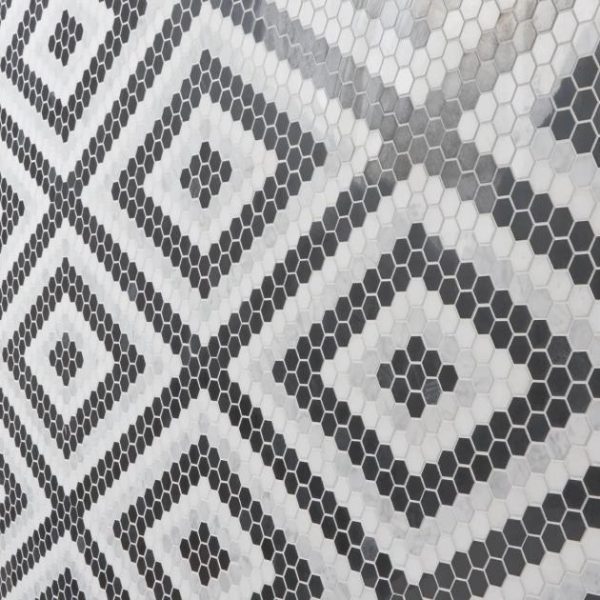 White Thassos | 1 sq. ft. Juno Diamond Black and White 1″ Hexagon Polished Marble Mosaic Tile Diamond B&W Stone Diamond B&W