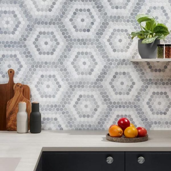 White Thassos | 1 sq. ft. Juno Honeycomb Gray and White 1″ Hexagon Polished Marble Mosaic Tile Hex Gray Stone Hex Gray