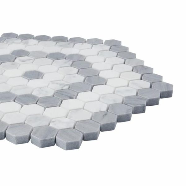 White Thassos | 1 sq. ft. Juno Honeycomb Gray and White 1″ Hexagon Polished Marble Mosaic Tile Hex Gray Stone Hex Gray