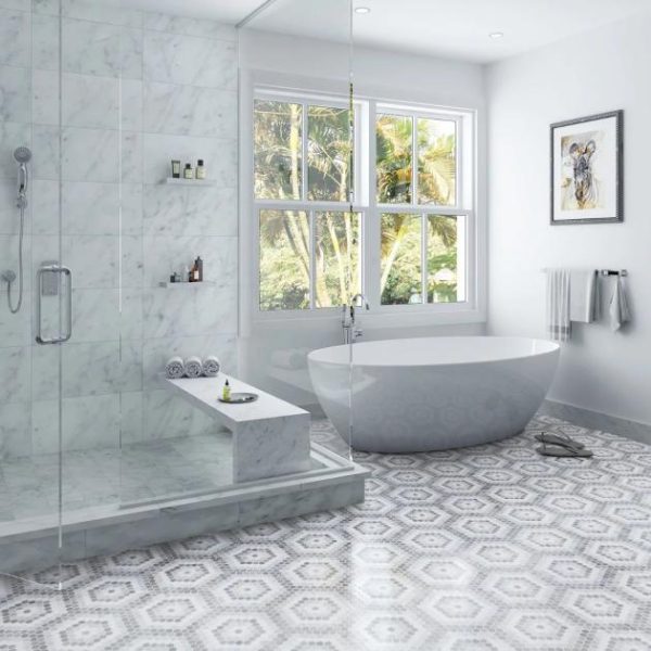 White Thassos | 1 sq. ft. Juno Honeycomb Gray and White 1″ Hexagon Polished Marble Mosaic Tile Hex Gray Stone Hex Gray