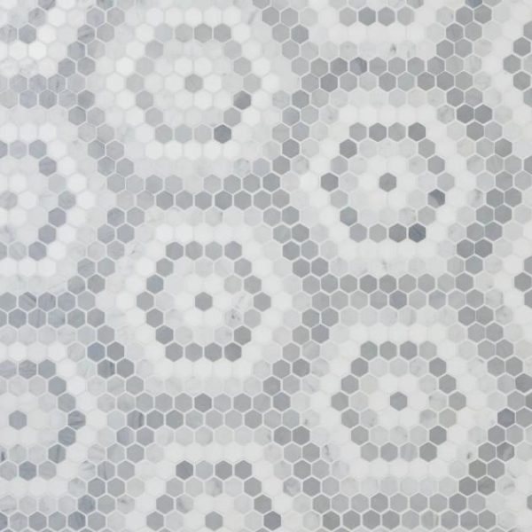 White Thassos | 1 sq. ft. Juno Honeycomb Gray and White 1″ Hexagon Polished Marble Mosaic Tile Hex Gray Stone Hex Gray