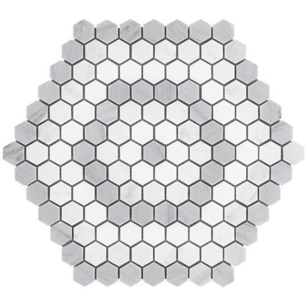 White Thassos | 1 sq. ft. Juno Honeycomb Gray and White 1″ Hexagon Polished Marble Mosaic Tile Hex Gray Stone Hex Gray