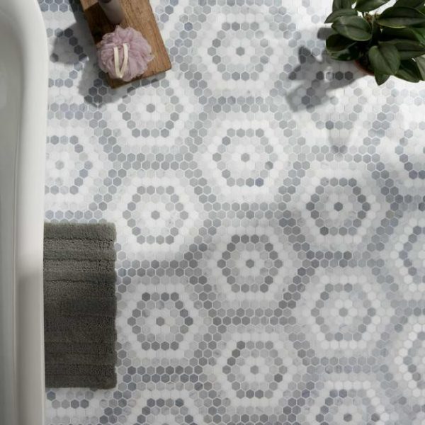 White Thassos | 1 sq. ft. Juno Honeycomb Gray and White 1″ Hexagon Polished Marble Mosaic Tile Hex Gray Stone Hex Gray