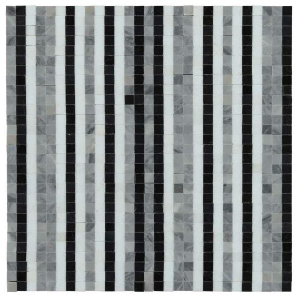 White Thassos | 1 sq. ft. Microsaic Lines Night Black Polished Marble Mosaic Tile Black Stone Black