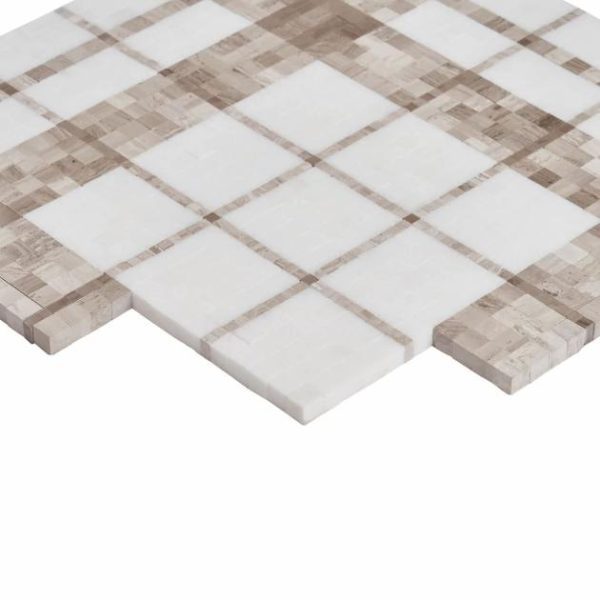 White Thassos | 1 sq. ft. Microsaic Plaid Wooden Beige Polished Marble Mosaic Tile Beige Stone Beige