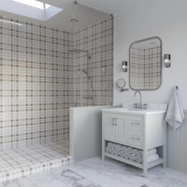 White Thassos | 1 sq. ft. Microsaic Plaid Wooden Beige Polished Marble Mosaic Tile Beige Stone Beige