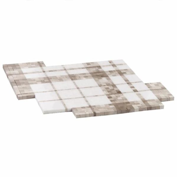 White Thassos | 1 sq. ft. Microsaic Plaid Wooden Beige Polished Marble Mosaic Tile Beige Stone Beige