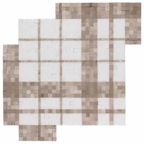 White Thassos | 1 sq. ft. Microsaic Plaid Wooden Beige Polished Marble Mosaic Tile Beige Stone Beige