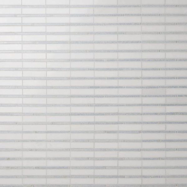 White Thassos | 1 sq. ft. Rattan White Thassos & Blue Celeste 1×4 Polished Marble Mosaic Tile Blue Celeste Mosaic Stone Blue Celeste Mosaic