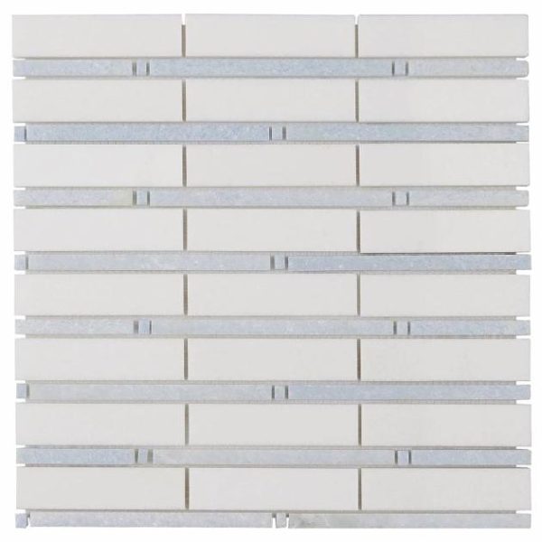 White Thassos | 1 sq. ft. Rattan White Thassos & Blue Celeste 1×4 Polished Marble Mosaic Tile Blue Celeste Mosaic Stone Blue Celeste Mosaic