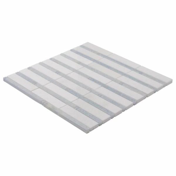 White Thassos | 1 sq. ft. Rattan White Thassos & Blue Celeste 1×4 Polished Marble Mosaic Tile Blue Celeste Mosaic Stone Blue Celeste Mosaic