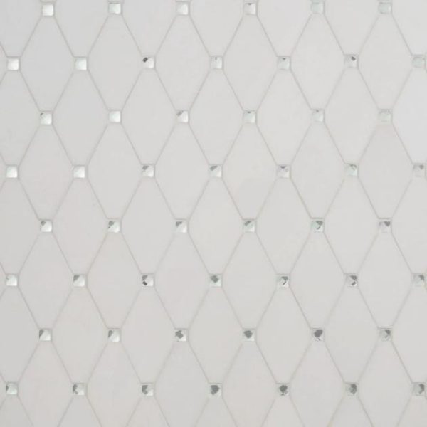 White Thassos | 1 sq. ft. Reflection White Thassos 3×5 Diamond & Mirror Polished Marble & Glass Mosaic Tile White Thassos Stone White Thassos