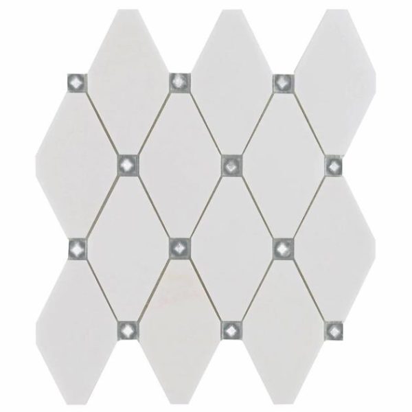 White Thassos | 1 sq. ft. Reflection White Thassos 3×5 Diamond & Mirror Polished Marble & Glass Mosaic Tile White Thassos Stone White Thassos