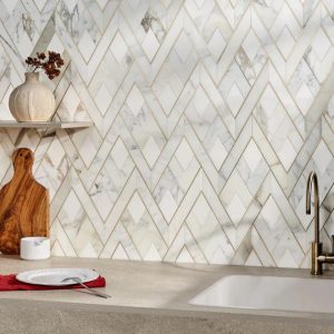 White Thassos | 1 sq. ft. Zeta Bianco White Polished Marble and Brass Waterjet Mosaic Tile Bianco Stone Bianco