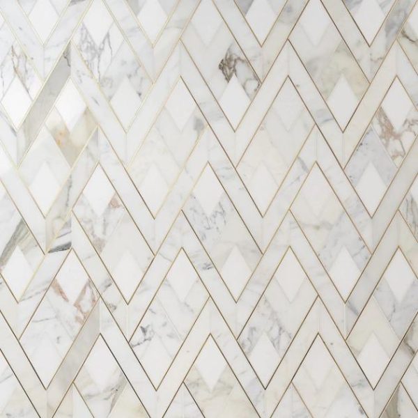 White Thassos | 1 sq. ft. Zeta Bianco White Polished Marble and Brass Waterjet Mosaic Tile Bianco Stone Bianco