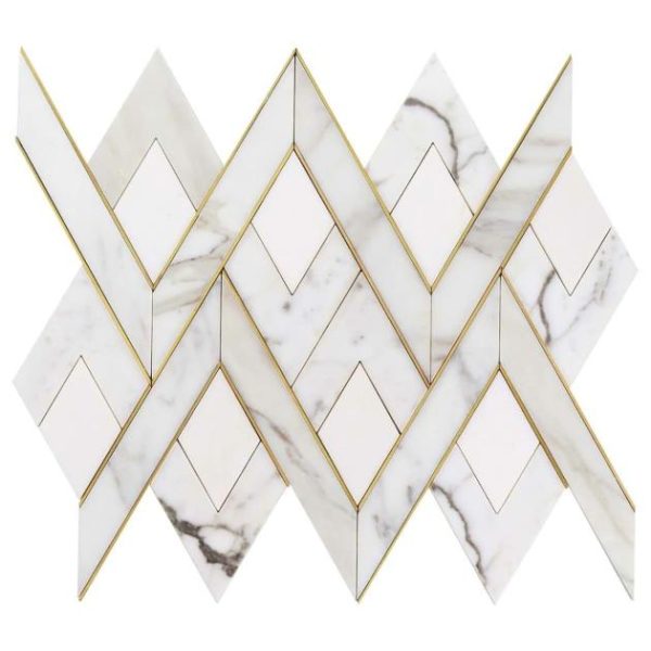 White Thassos | 1 sq. ft. Zeta Bianco White Polished Marble and Brass Waterjet Mosaic Tile Bianco Stone Bianco