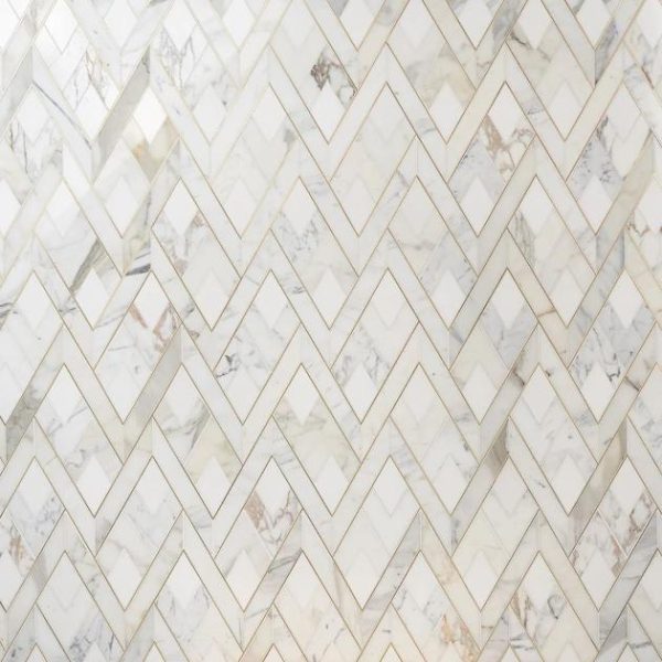 White Thassos | 1 sq. ft. Zeta Bianco White Polished Marble and Brass Waterjet Mosaic Tile Bianco Stone Bianco