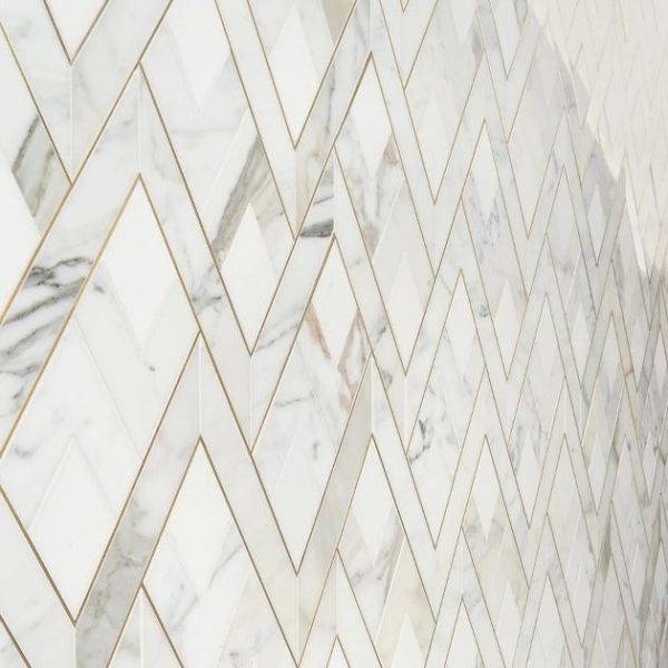 White Thassos | 1 sq. ft. Zeta Bianco White Polished Marble and Brass Waterjet Mosaic Tile Bianco Stone Bianco