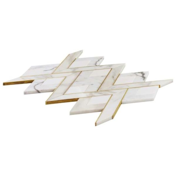 White Thassos | 1 sq. ft. Zeta Bianco White Polished Marble and Brass Waterjet Mosaic Tile Bianco Stone Bianco