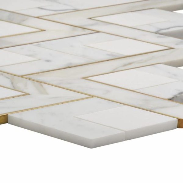 White Thassos | 1 sq. ft. Zeta Bianco White Polished Marble and Brass Waterjet Mosaic Tile Bianco Stone Bianco