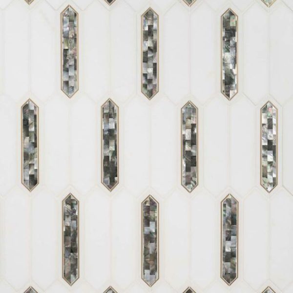 White Thassos | 1 sq. ft. Zeus Black Pearl 2×8 Picket Polished Marble- Pearl and Brass Waterjet Mosaic Tile Black Pearl Stone Black Pearl