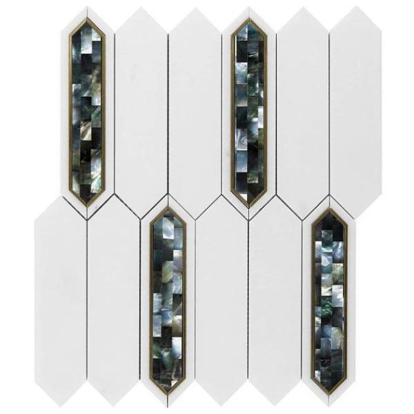 White Thassos | 1 sq. ft. Zeus Black Pearl 2×8 Picket Polished Marble- Pearl and Brass Waterjet Mosaic Tile Black Pearl Stone Black Pearl