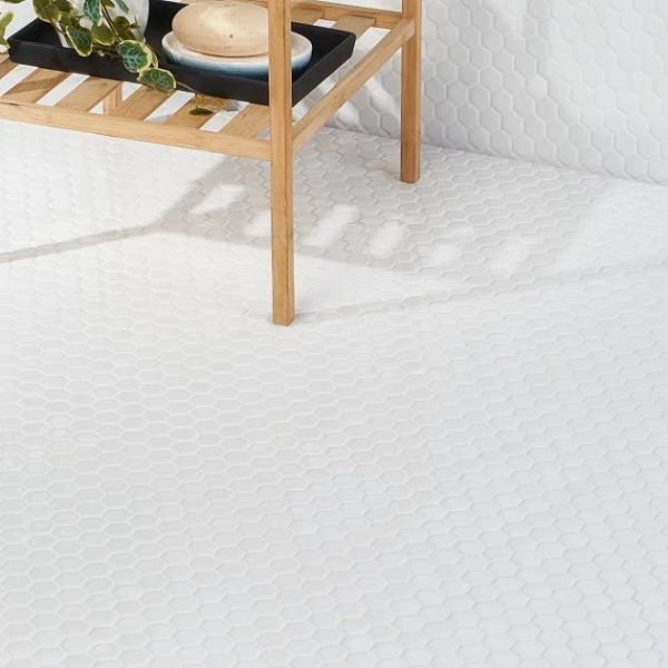 Commercial Floor | 1 sq. ft. Eden White 1″ Hexagon Polished Porcelain Mosaic Tile Polished White Bathroom Bathroom