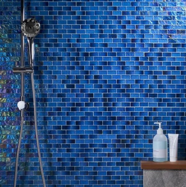 Shower | 1 sq. ft. Splash Lagoon Blue 1×2 Polished Glass Mosaic Tile Lagoon Bathroom Bathroom