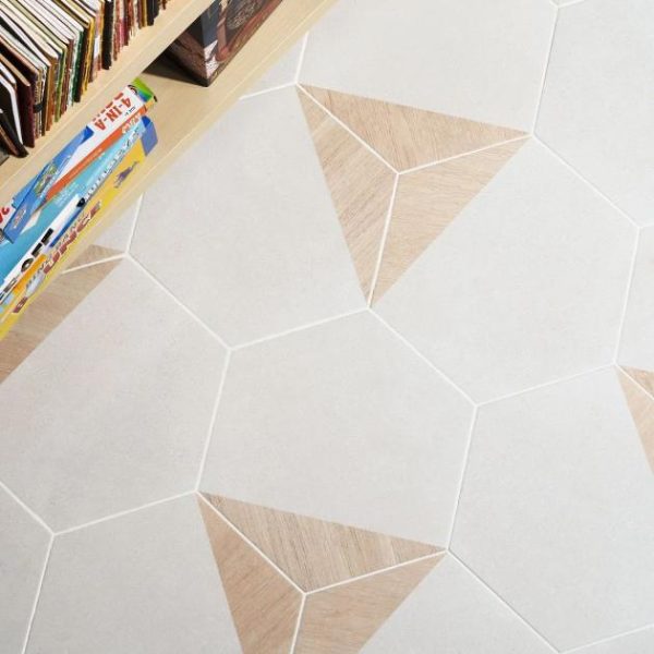 Commercial Floor | 1 sq. ft. Pergola Wood White 12.5″ Hexagon Matte Porcelain Tile Wood White Bathroom Bathroom