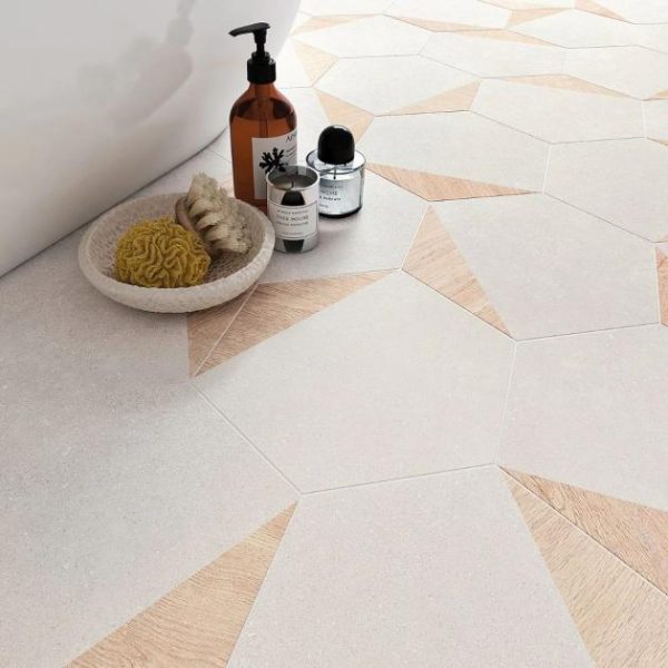 Commercial Floor | 1 sq. ft. Pergola Wood White 12.5″ Hexagon Matte Porcelain Tile Wood White Bathroom Bathroom