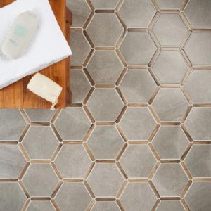 Shower | 1 sq. ft. Sagon Cemento Gray 9″ Hexagon Matte Porcelain Tile Cemento Gray Bathroom Bathroom