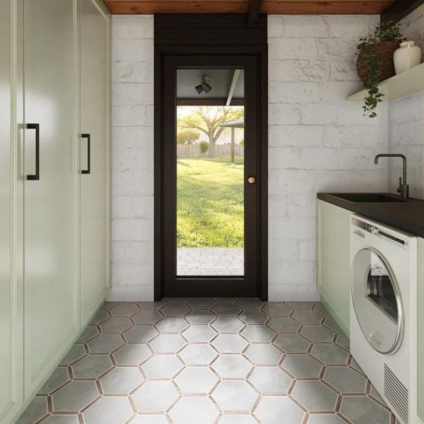 Shower | 1 sq. ft. Sagon Cemento Gray 9″ Hexagon Matte Porcelain Tile Cemento Gray Bathroom Bathroom