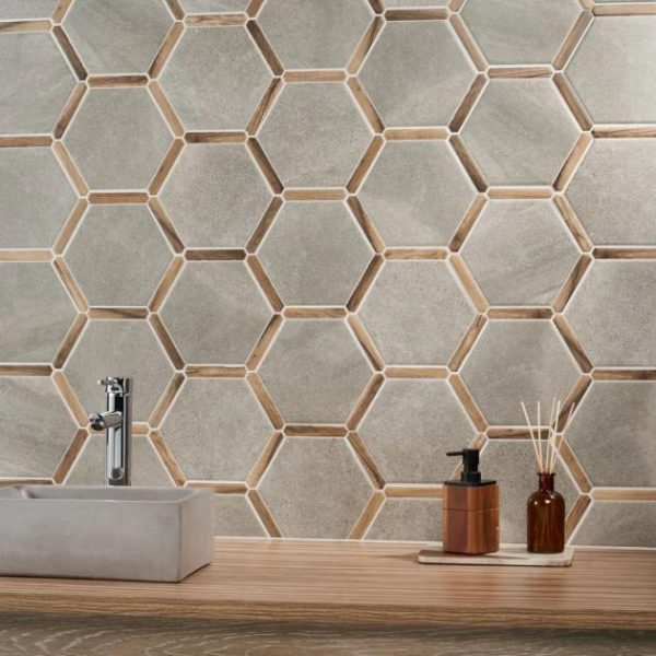 Shower | 1 sq. ft. Sagon Cemento Gray 9″ Hexagon Matte Porcelain Tile Cemento Gray Bathroom Bathroom