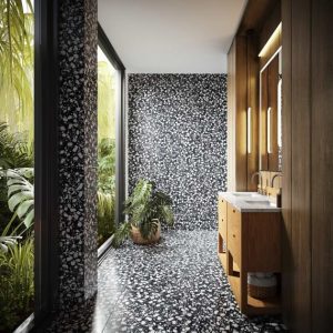 Shower | 1 sq. ft. Terrazzo Italy Sacra Nero Black & White 24×24 Honed Terrazzo Tile Black & White Shower Black & White