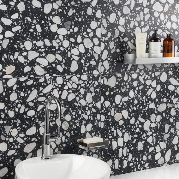 Shower | 1 sq. ft. Terrazzo Italy Sacra Nero Black & White 24×24 Honed Terrazzo Tile Black & White Shower Black & White