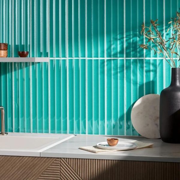 Bathroom | 1 sq. ft. Colorplay Fluted Teal Green 4.5×18 3D Crackled Glossy Ceramic Tile Teal Backsplash & Kitchen Backsplash & Kitchen